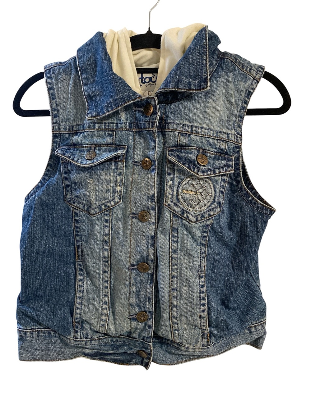Denim Sleeveless Vest with Cream Hood